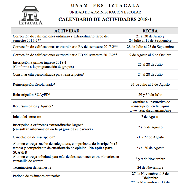 Calendario 2018-1 a