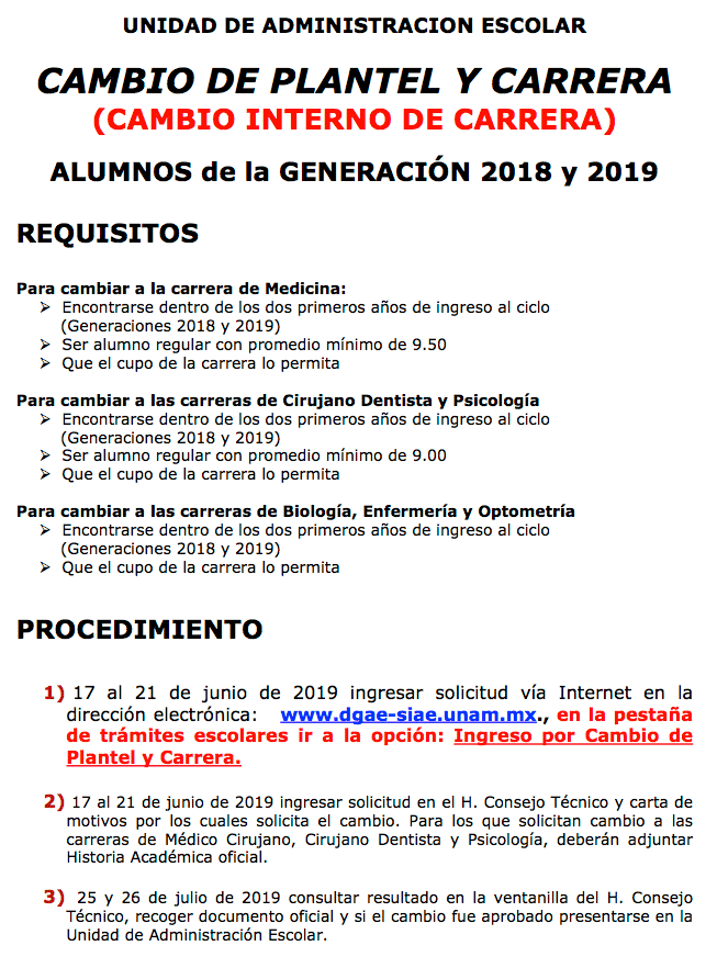 Convocatoria para cambio de plantel y/o carrera para generaciones 2018 y 2019.