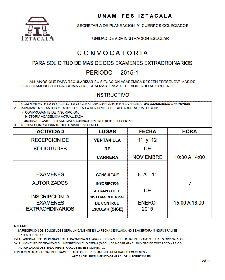 Convocatoria para mas de dos exámenes extraordinarios 2015-1