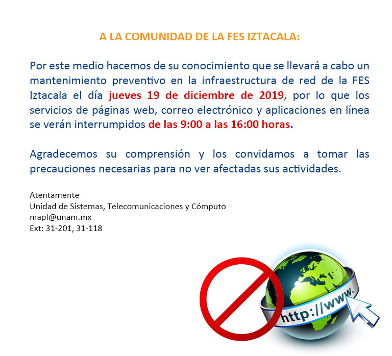 Interrupción en los servicios de red, 19 de diciembre de 2019 de las 9:00 a las 16:00 horas.