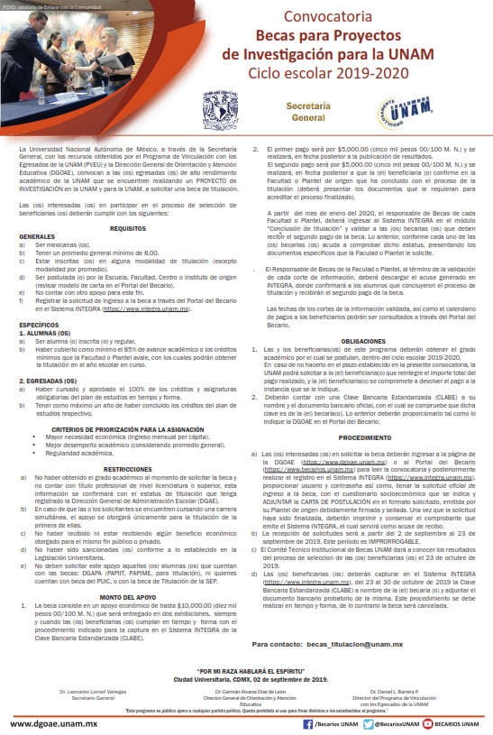 Convocatoria Becas para Proyectos de Investigación para la UNAM Ciclo escolar 2019-2020