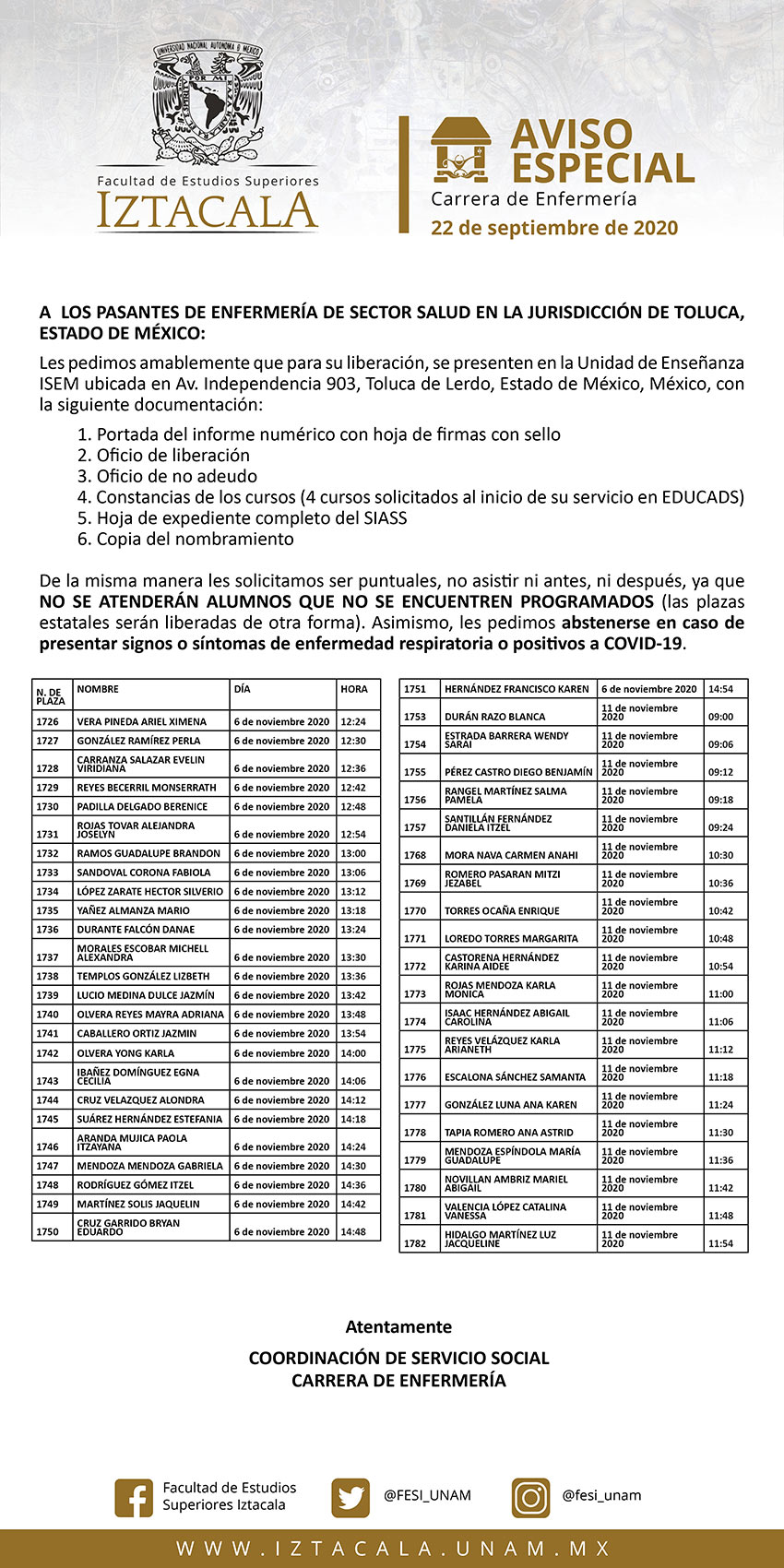 A los Pasantes de Enfermería de Sector Salud en la jurisdicción de Toluca, Estado de México.