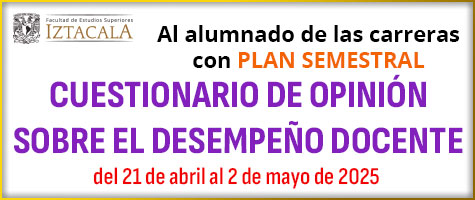 Al alumnado de Biología, Enfermería, Médico Cirujano, Optometría, Psicología y Psicología SUAyED, Semestre 2025-2. CUESTIONARIO DE OPINIÓN SOBRE EL DESEMPEÑO DOCENTE.